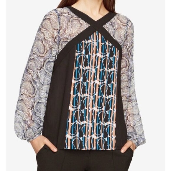 NWT BCBGMAXAZRIA Kathy Abstract paisley print sheer balloon  sleeve blouse xxs - Picture 1 of 16